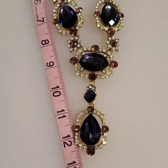 Purple amber and clear rhinestones goldtone statement necklace NIB wedding prom - Picture 6 of 10
